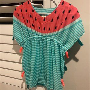 Girls Cat & Jack Swim Cover Up, Pink and blue watermelon, tassled M 7/8